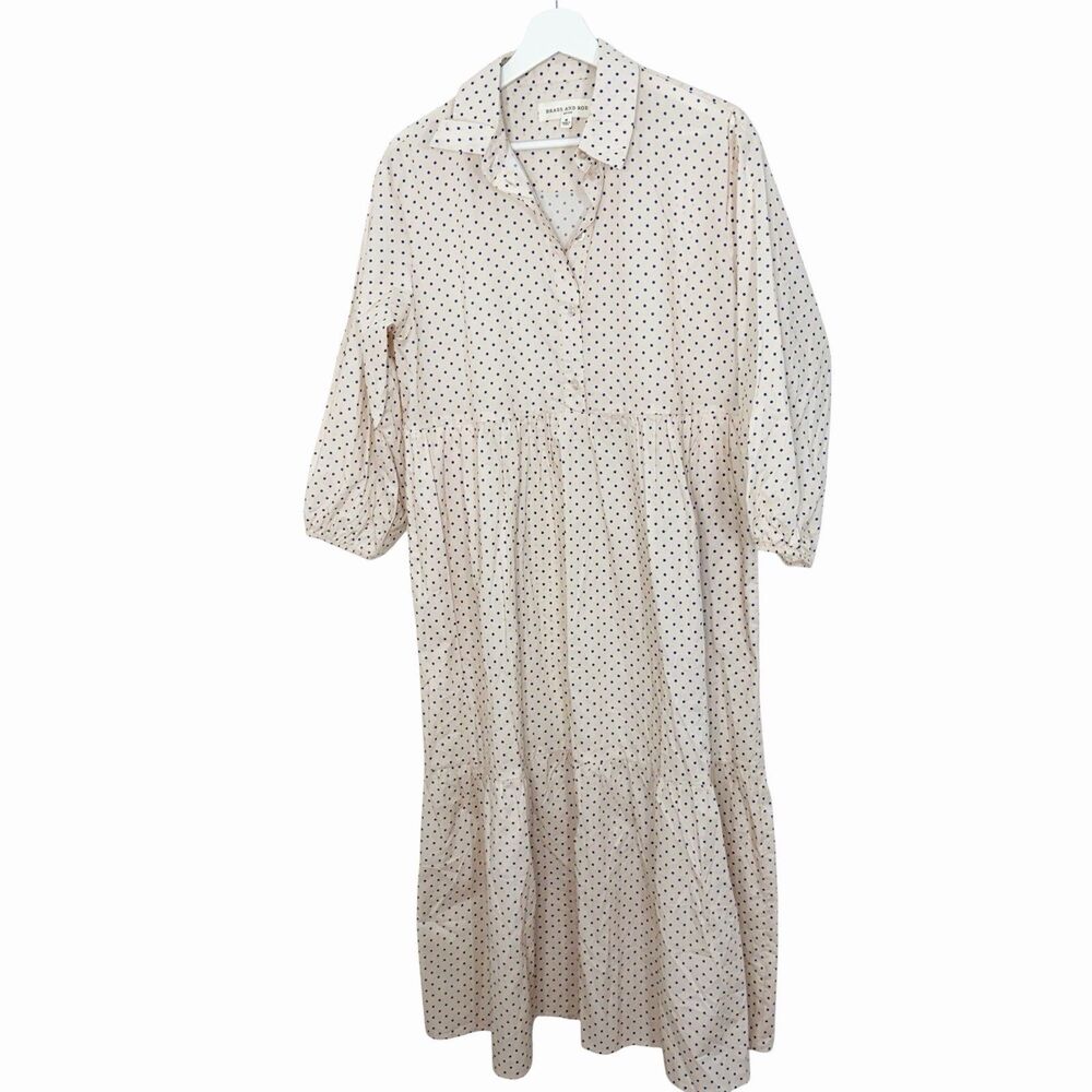 Brass & Roe DaybreakMidi Dress Beige Blue Dot Collar Pleated Waist Side Pockets